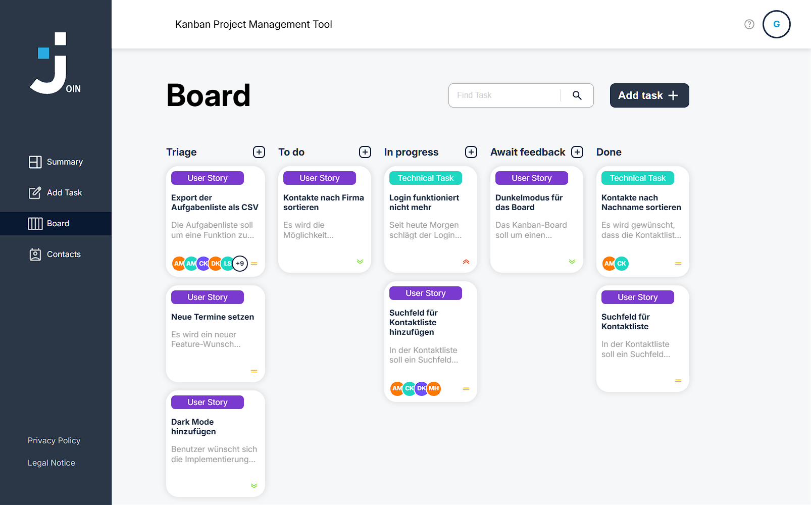Screenshot of the Join board with its five columns and task cards